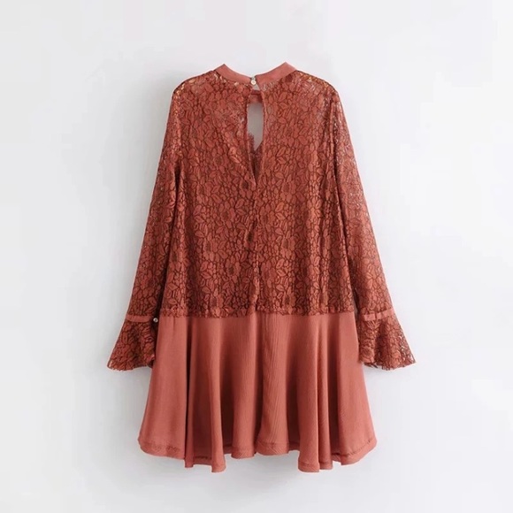 Boho Lace Keyhole Long Sleeve Tunic Blouse Dress - Picture 3 of 3